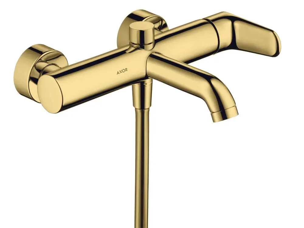 Aufputz-Wannenmischer in glänzendem Gold-Finish von AXOR mit zwei Bediengriffen und einem langen Auslauf. Geeignet für den Einsatz in Badezimmern.